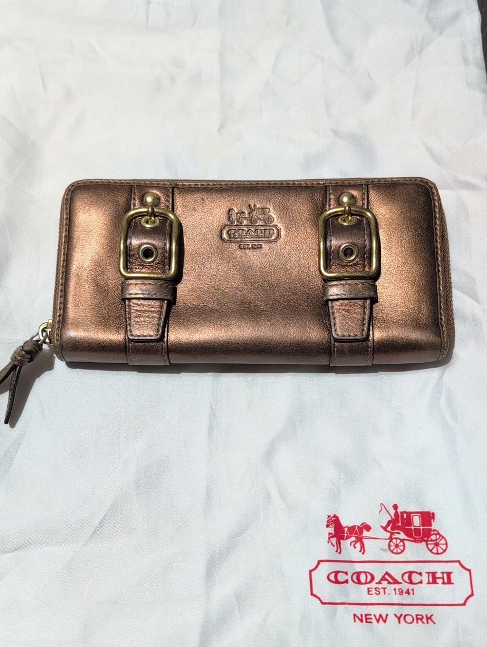 Coach Metallic Bronze Leather Zip Wallet with  Buckle Details